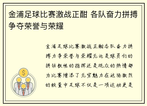 金浦足球比赛激战正酣 各队奋力拼搏争夺荣誉与荣耀