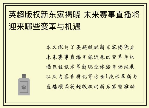英超版权新东家揭晓 未来赛事直播将迎来哪些变革与机遇
