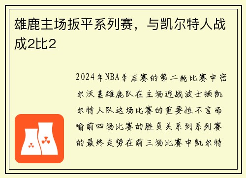 雄鹿主场扳平系列赛，与凯尔特人战成2比2