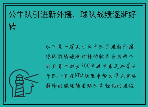 公牛队引进新外援，球队战绩逐渐好转