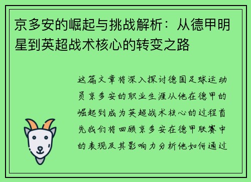 京多安的崛起与挑战解析:从德甲明星到英超战术核心的转变之路