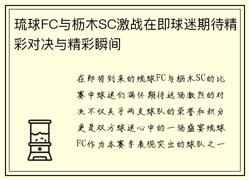 琉球FC与枥木SC激战在即球迷期待精彩对决与精彩瞬间