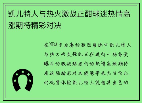 凯儿特人与热火激战正酣球迷热情高涨期待精彩对决