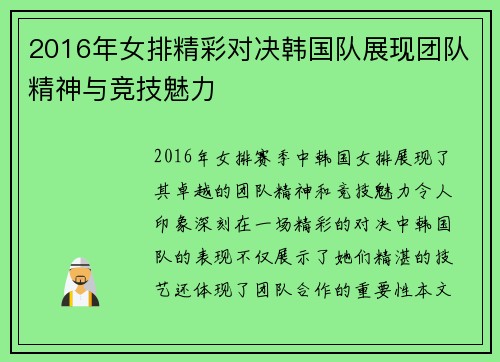 2016年女排精彩对决韩国队展现团队精神与竞技魅力