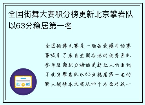 全国街舞大赛积分榜更新北京攀岩队以63分稳居第一名