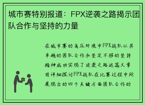 城市赛特别报道：FPX逆袭之路揭示团队合作与坚持的力量
