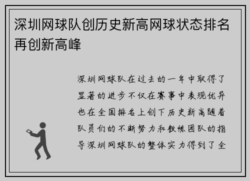 深圳网球队创历史新高网球状态排名再创新高峰